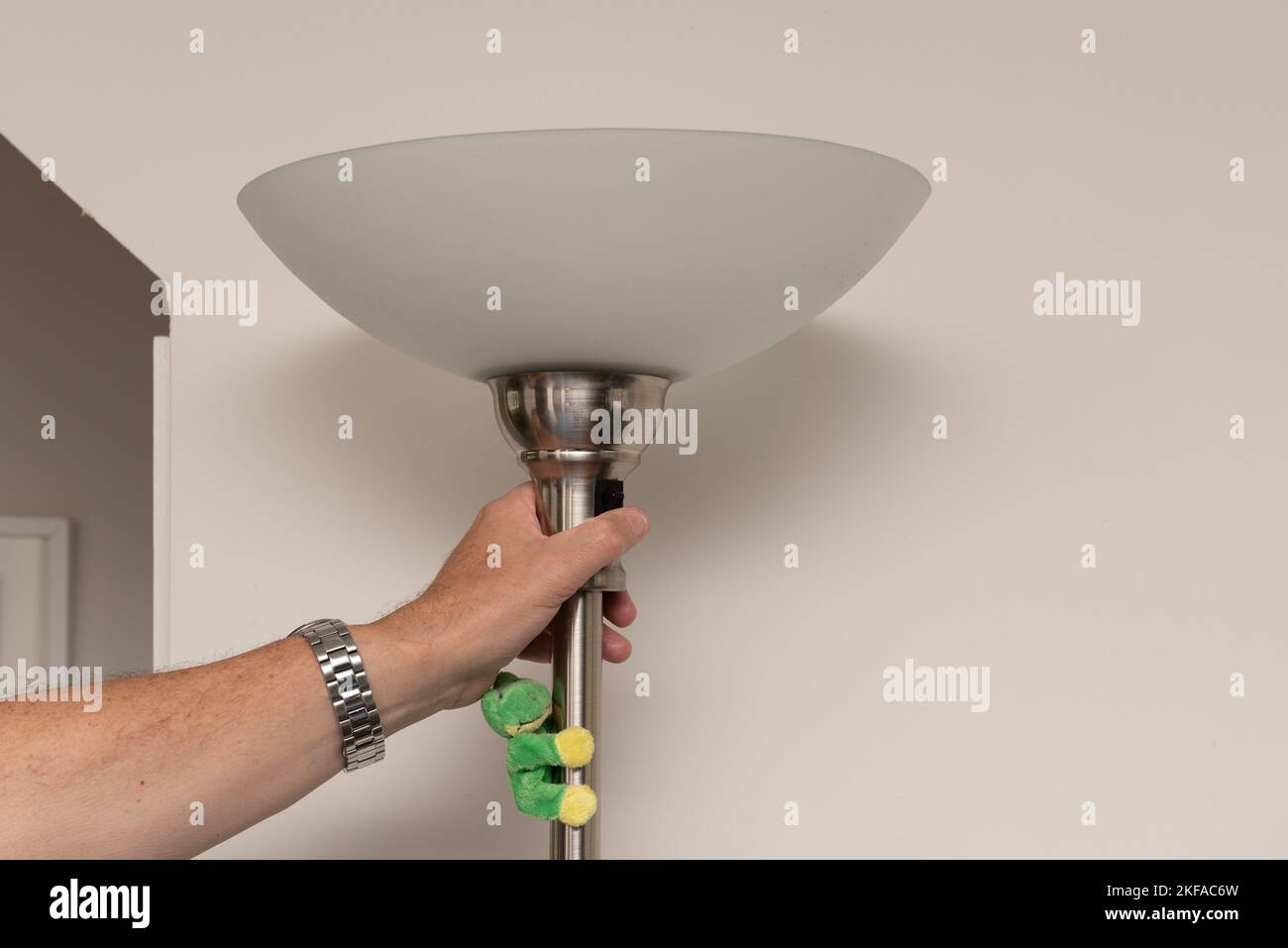Adottato il 16 agosto 2022 a Rossendale, Lancashire, Regno Unito. Foto della mano dell'uomo che spegne la lampada. Sfondo bianco con la rana giocattolo attaccata Foto Stock