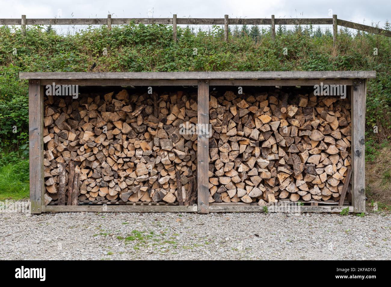 Grande contenitore di stoccaggio in legno con pezzi tagliati di tronchi che asciugano all'interno. Tronchi tagliati di legno per fare combustibile per bruciare in un fuoco di ceppo. Foto Stock