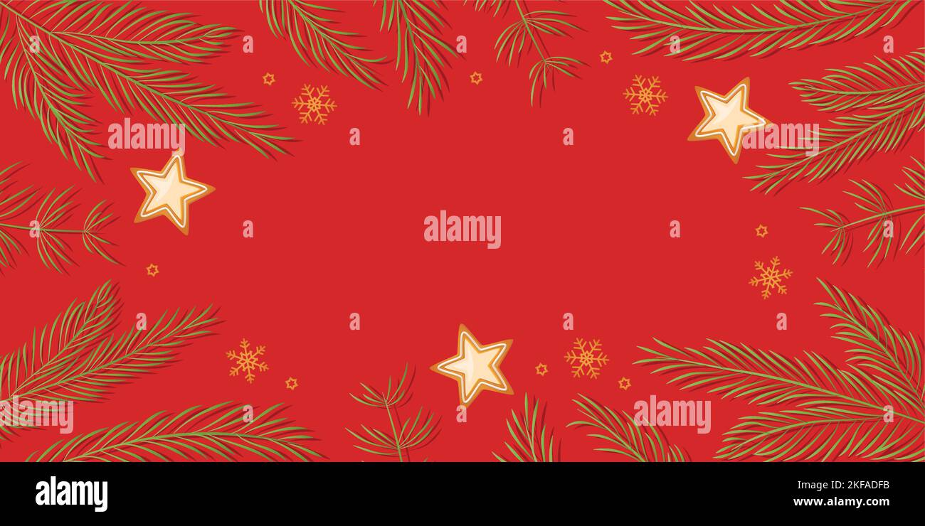 sfondo natalizio con rami di abete e stella di pan di zenzero Illustrazione Vettoriale