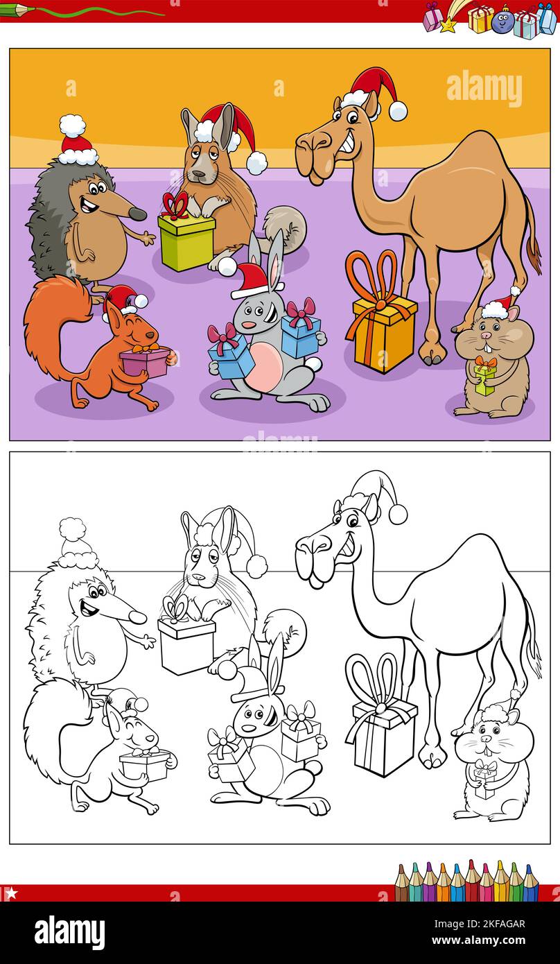 Cartoon illustrazione di personaggi animali felici con pagina da colorare di prezenti di Natale Illustrazione Vettoriale