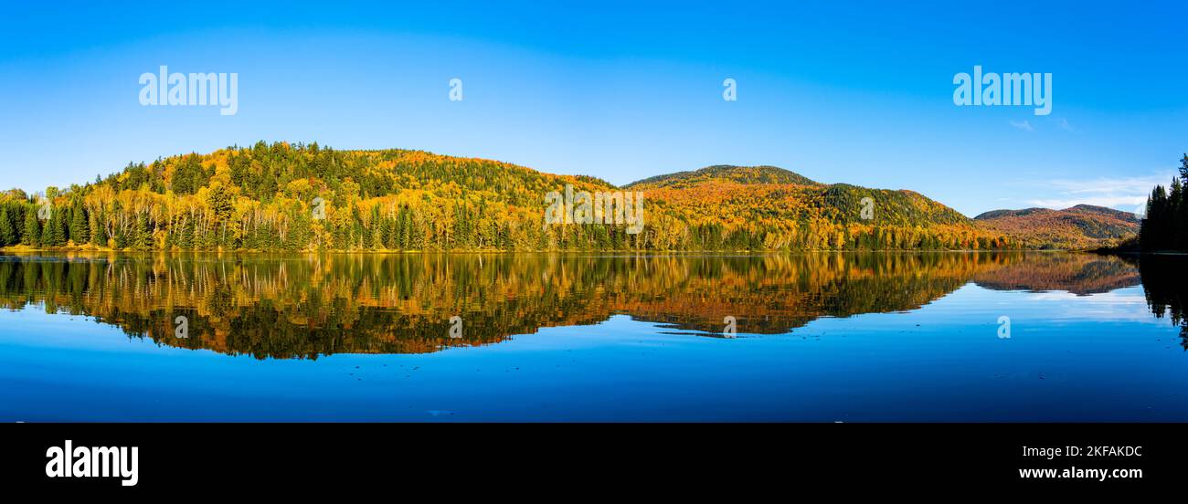 Vista panoramica di splendidi riflessi autunnali in un lago perfettamente calmo in un parco nazionale Foto Stock