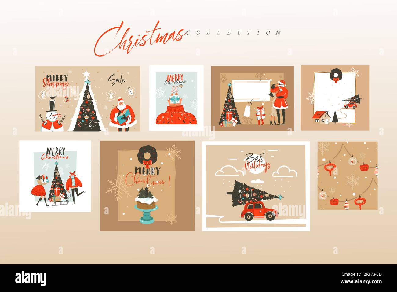 Mano disegnata vettore astratto divertimento stock piatto buon Natale, e felice anno nuovo cartoon tempo festive cartoni insieme con belle illustrazioni di Natale e. Illustrazione Vettoriale