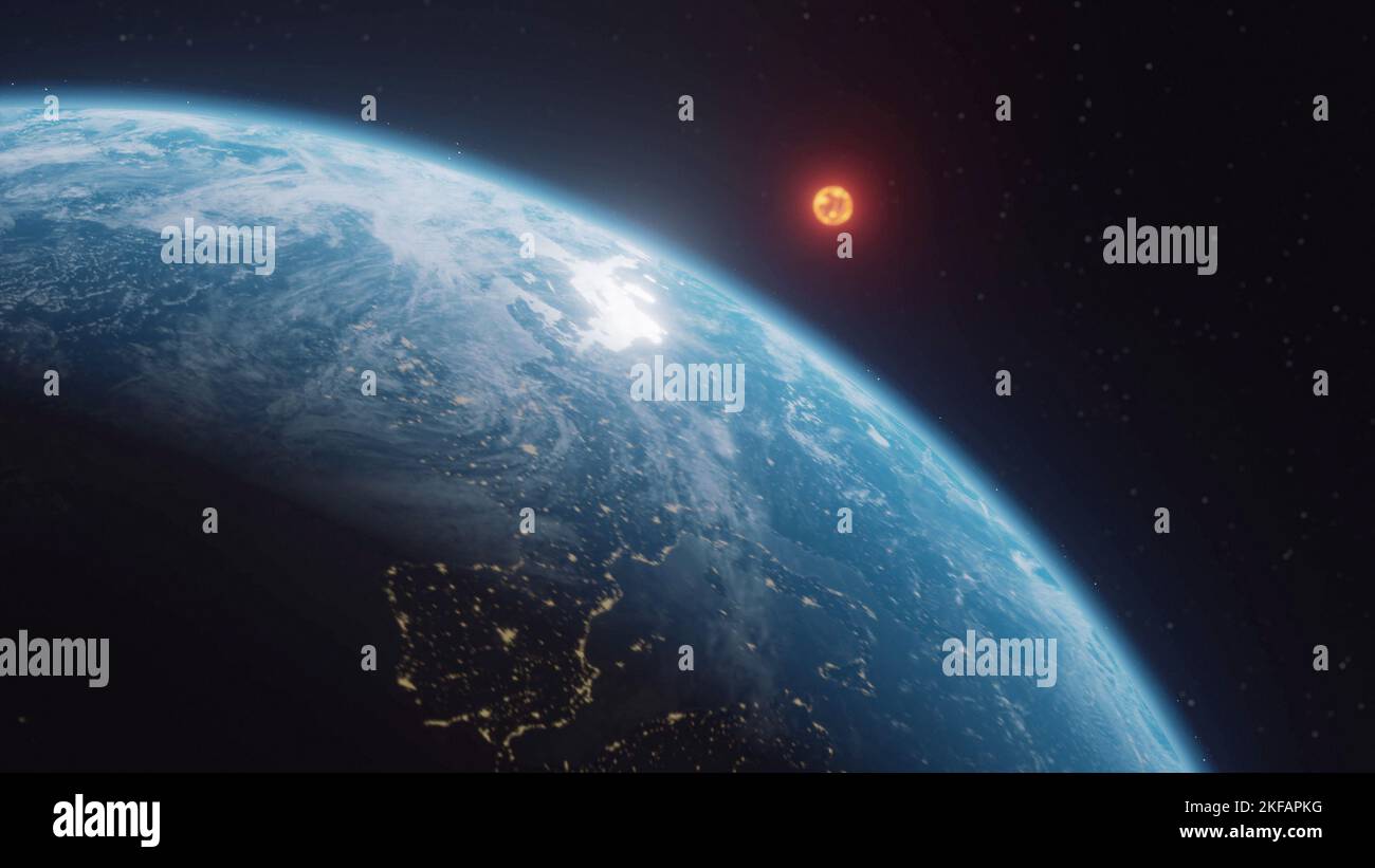 Sfera del pianeta Terra notturno nello spazio esterno. Le luci della città sul pianeta. Vita delle persone. Elemento del sistema solare con sole in background, dati dalla NASA Foto Stock