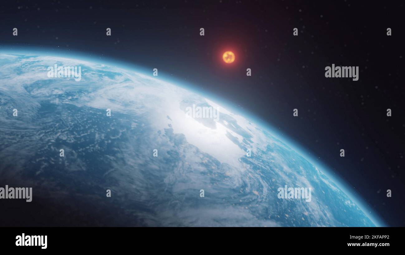 Primo piano del pianeta Terra notturno nello spazio esterno. Le luci della città sul pianeta. Vita delle persone. Elemento del sistema solare con sole in background, dati dalla NASA Foto Stock