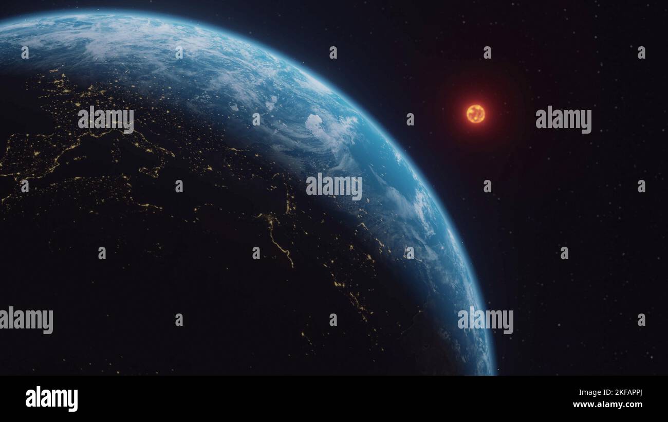 Sfera del pianeta Terra notturno nello spazio esterno. Le luci della città sul pianeta. Vita delle persone. Elemento del sistema solare con sole in background, dati dalla NASA Foto Stock