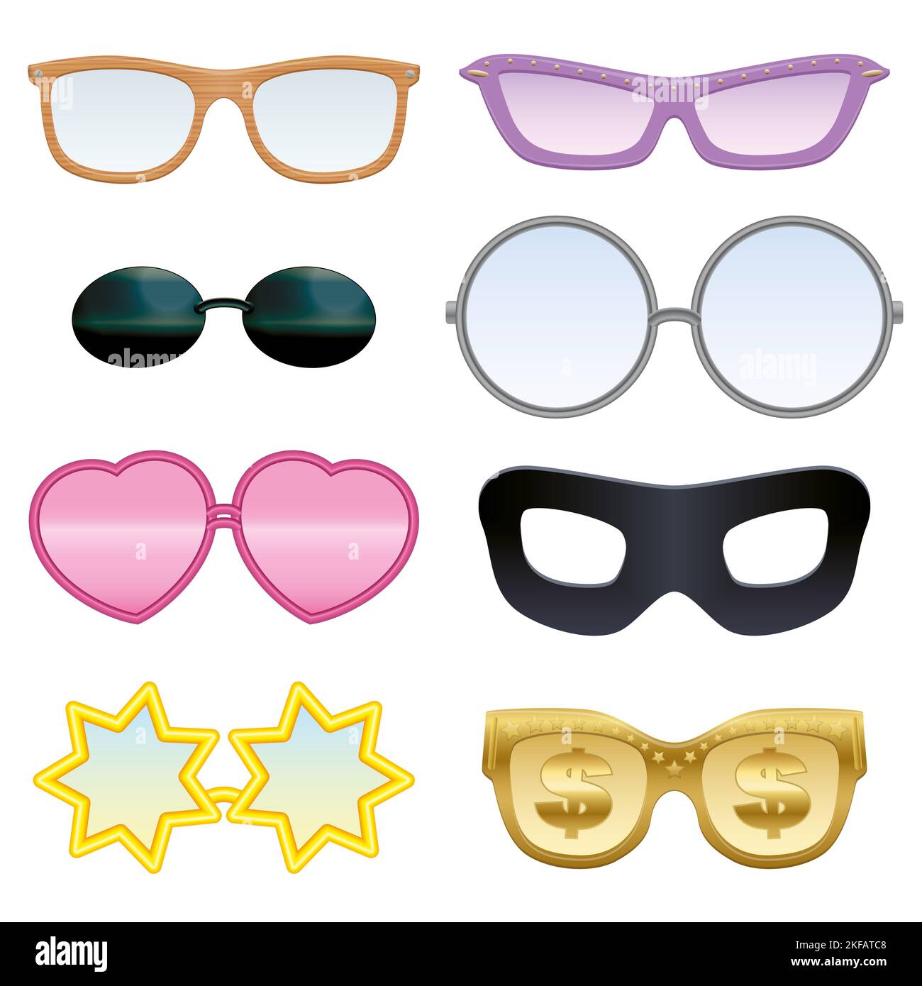 Set occhiali - stile legno, cuori, stelle, segni dollaro, maschera occhio nero, pince-nez, rosa-colorato ecc - divertente e pazzo, collezione. Foto Stock