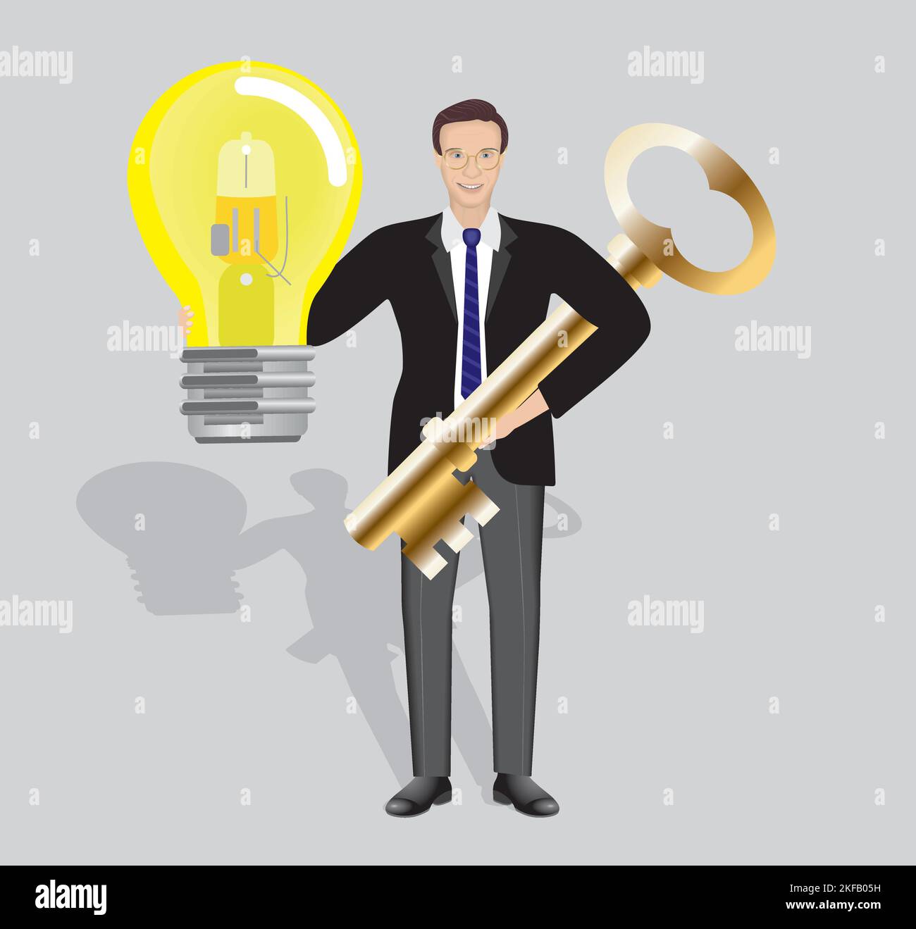 Uomo con grande idea e chiave d'oro. Illustrazione vettoriale. Illustrazione Vettoriale
