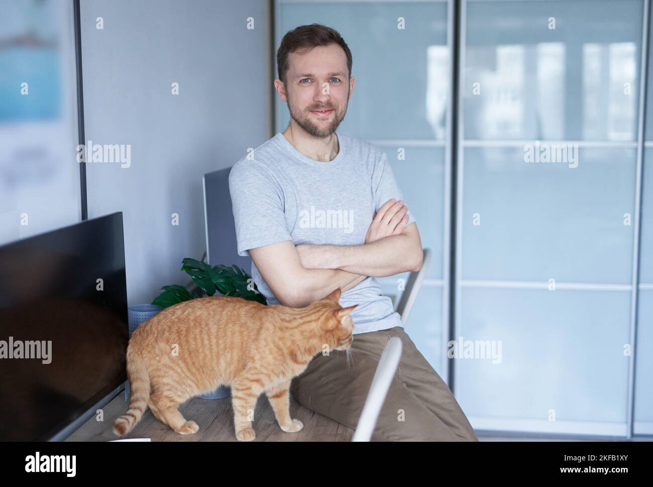 Giovane ingegnere uomo in t-shirt grigia. Ritratto di allegro barbuto caucasico maschio freelance sviluppatore di software a posto di lavoro in casa ufficio vicino al computer con gatto tabby guardando la fotocamera Foto Stock