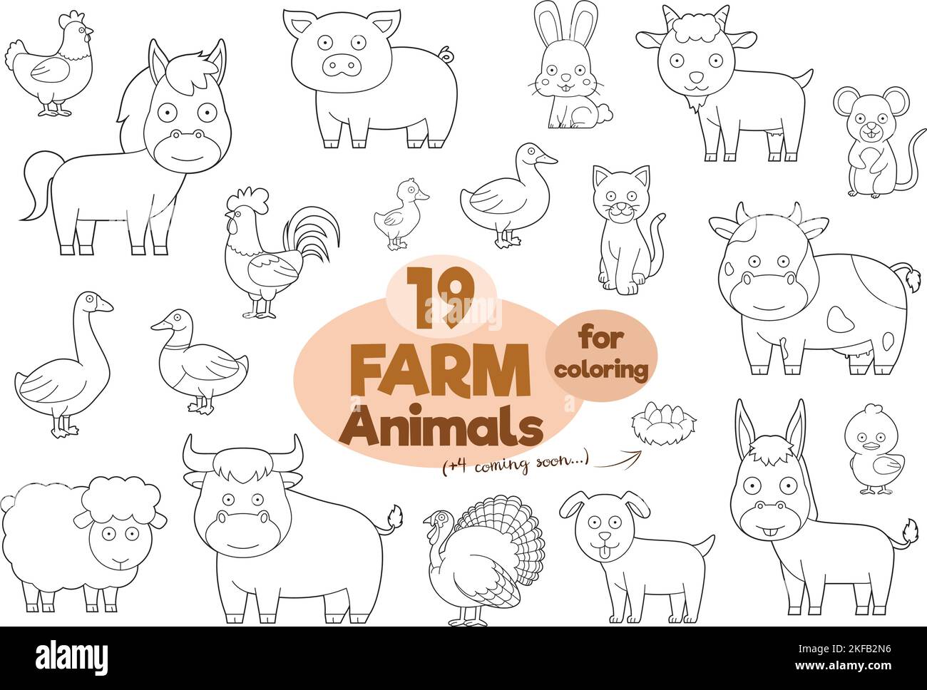 Set di 19 animali da fattoria da colorare in stile cartoon Vector Illustration Illustrazione Vettoriale