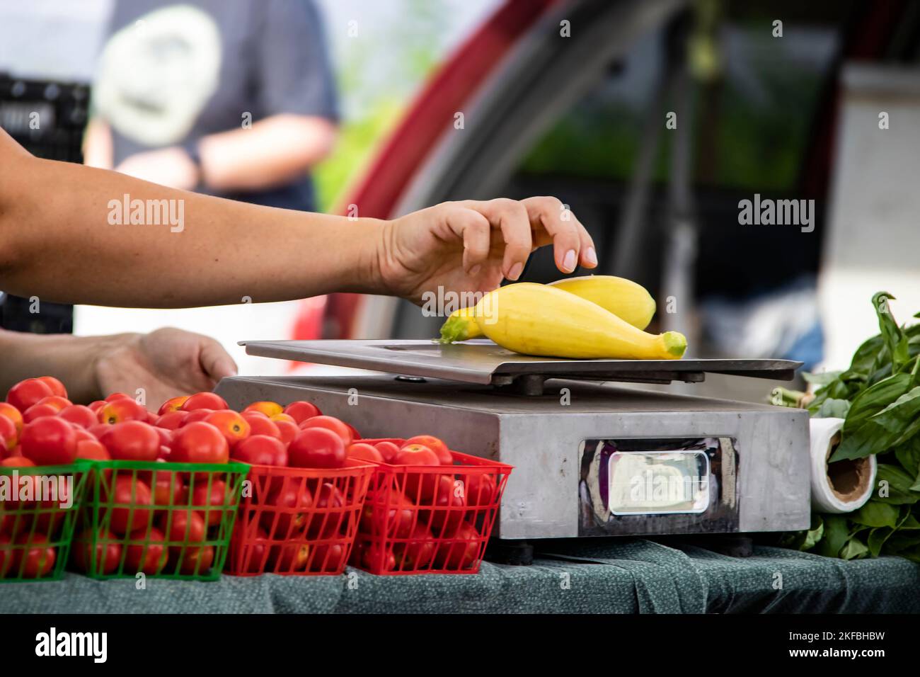 Il vedor del mercato contadino pesa la zucca gialla su vecchia scala con pomodori e basilico in primo piano e sfondo sfocato Foto Stock Il vedor del mercato contadino pesa la zucca gialla su vecchia scala con pomodori e basilico in primo piano e sfondo sfocato Foto Stock