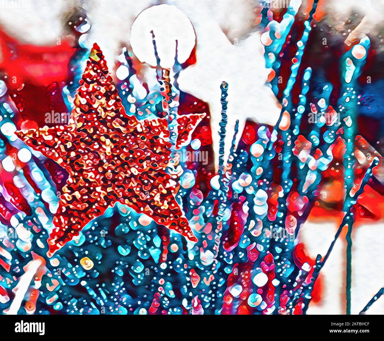 Sfondo festivo con bandiera sfocata sullo sfondo e stelle glitter ed elementi decorativi bokeh in primo piano - rosso bianco e blu_Illustrat Foto Stock
