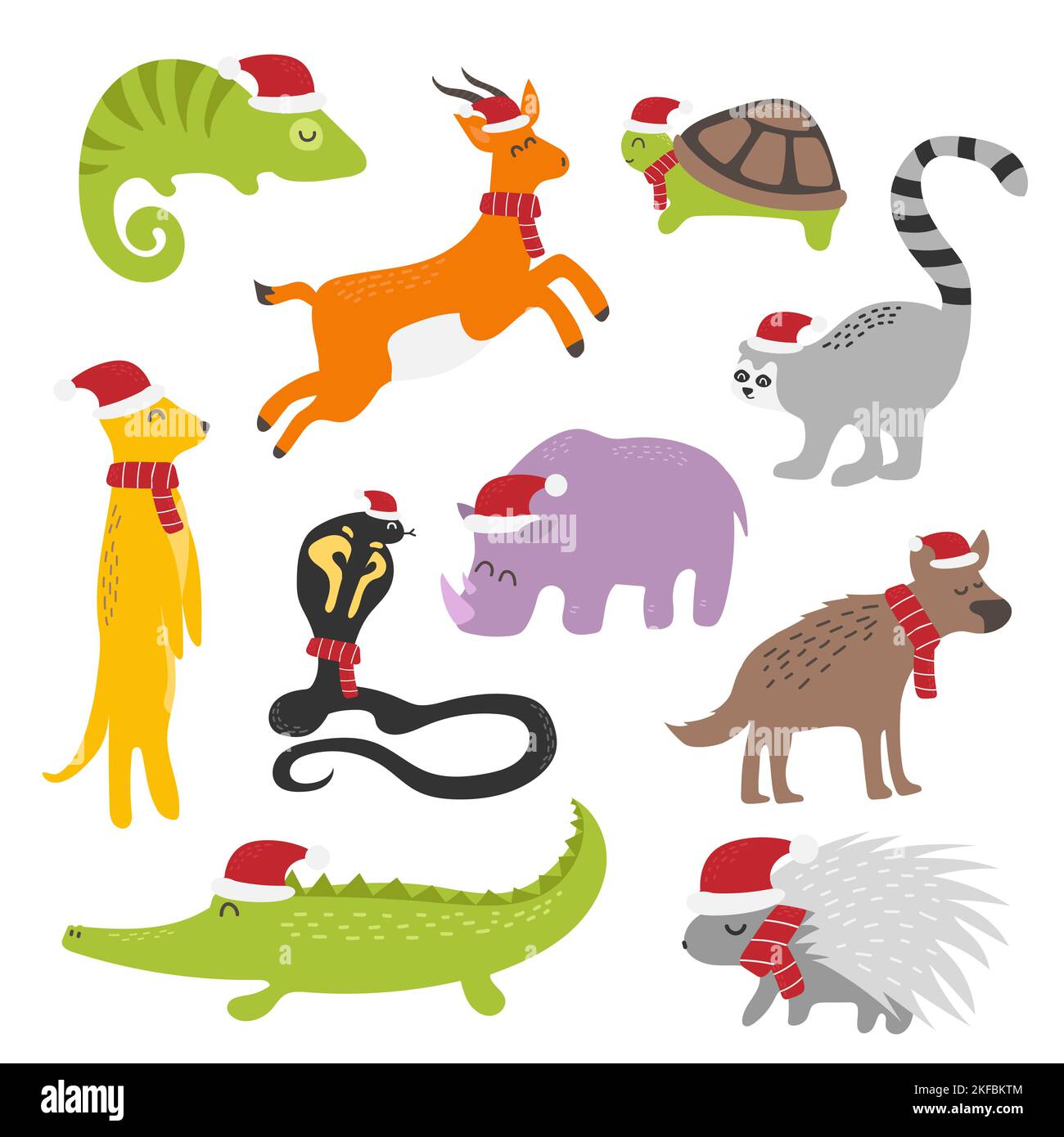 Illustrazione vettoriale. Set di animali africani a santa Hat. Natale carino set per i bambini. Animali Sfrikani per bambini Illustrazione Vettoriale