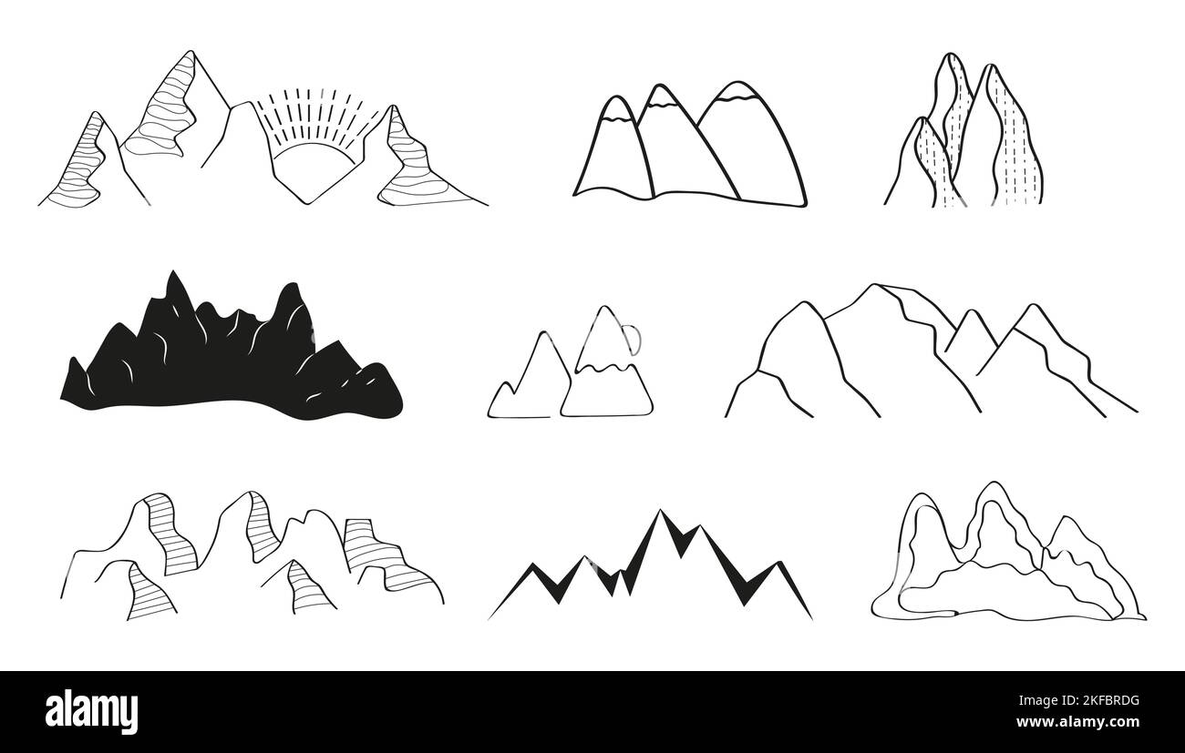 Montagne doodle icone set vettore. Set di silhouette rocce. Catene montuose e cime in stile lineare. Logo escursionistico invernale. Illustrazione Vettoriale