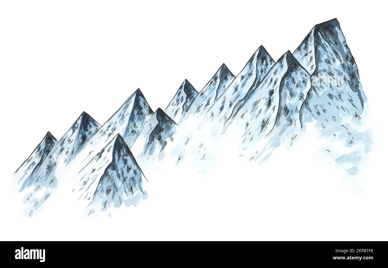 Alta cima montagne acquerello illustrazione blu su bianco Foto Stock