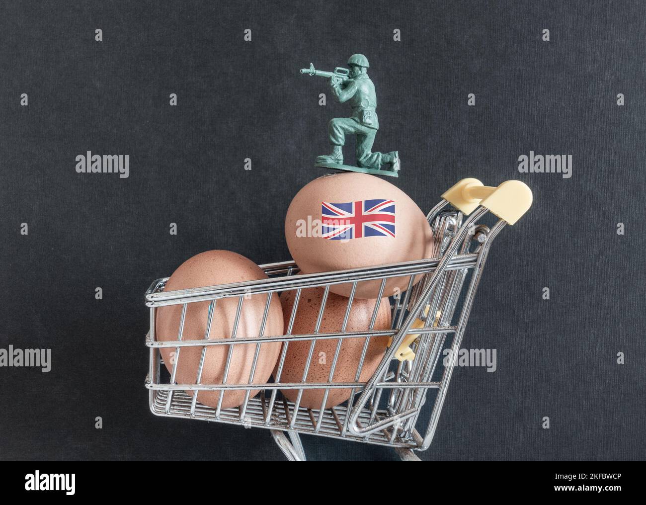 Uova nel carrello della spesa con soldato che custodisce beni di valore. Carenza di uova, aumento dei prezzi delle uova, inflazione, costo della crisi vivente... concetto Foto Stock