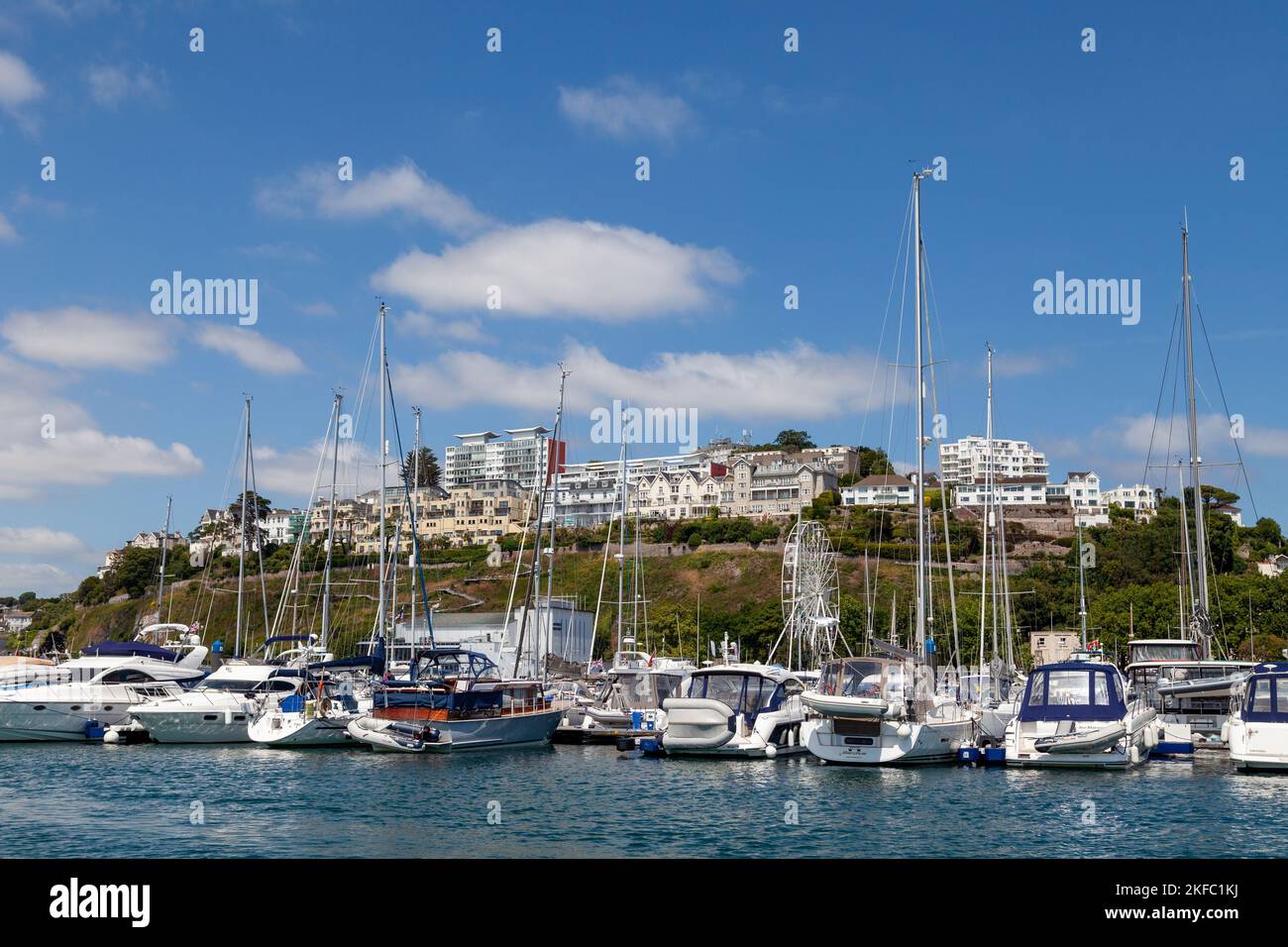 Barche ormeggiate a Torquay Marina con la città di Torquay sullo sfondo. Foto Stock