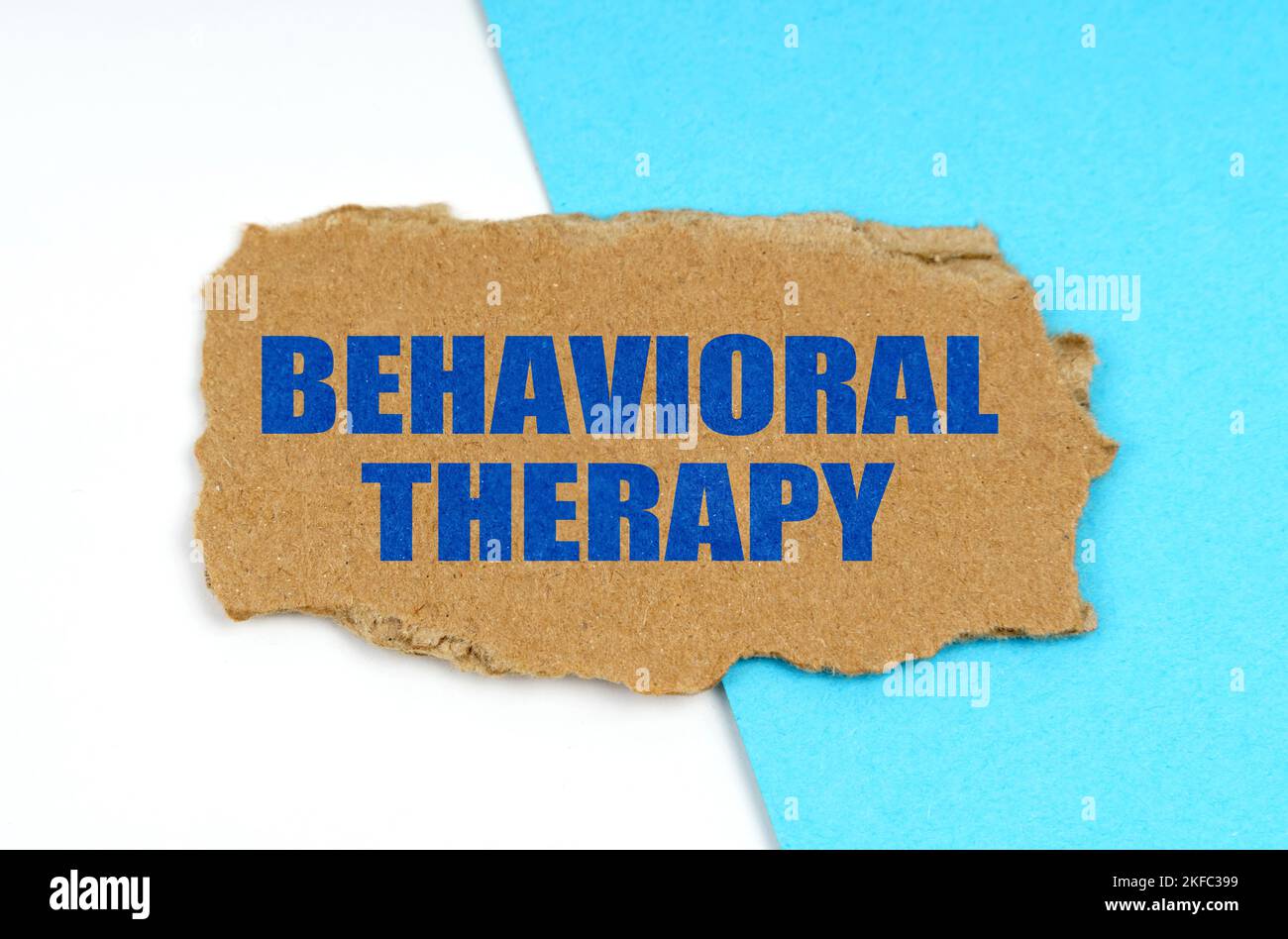 Medicina e concetto di salute. Su sfondo blu e bianco si trova un pezzo di cartone con l'iscrizione - Behavioral Therapy Foto Stock