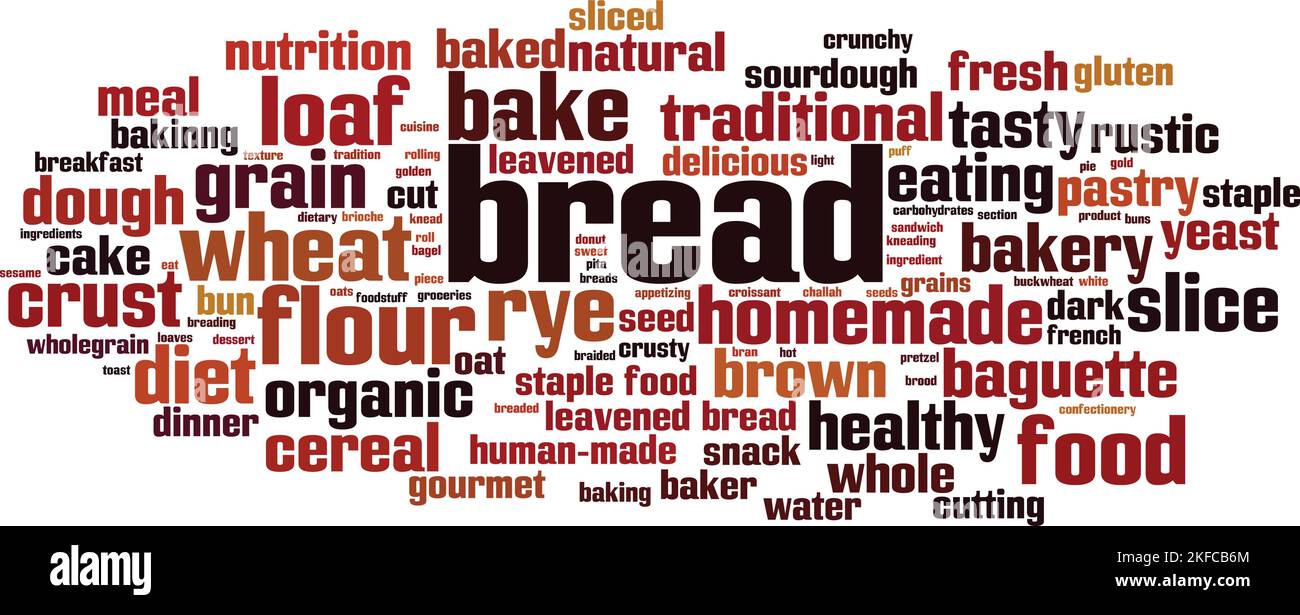 Concetto di nuvola di parole di pane. Collage fatto di parole sul pane. Illustrazione vettoriale Illustrazione Vettoriale