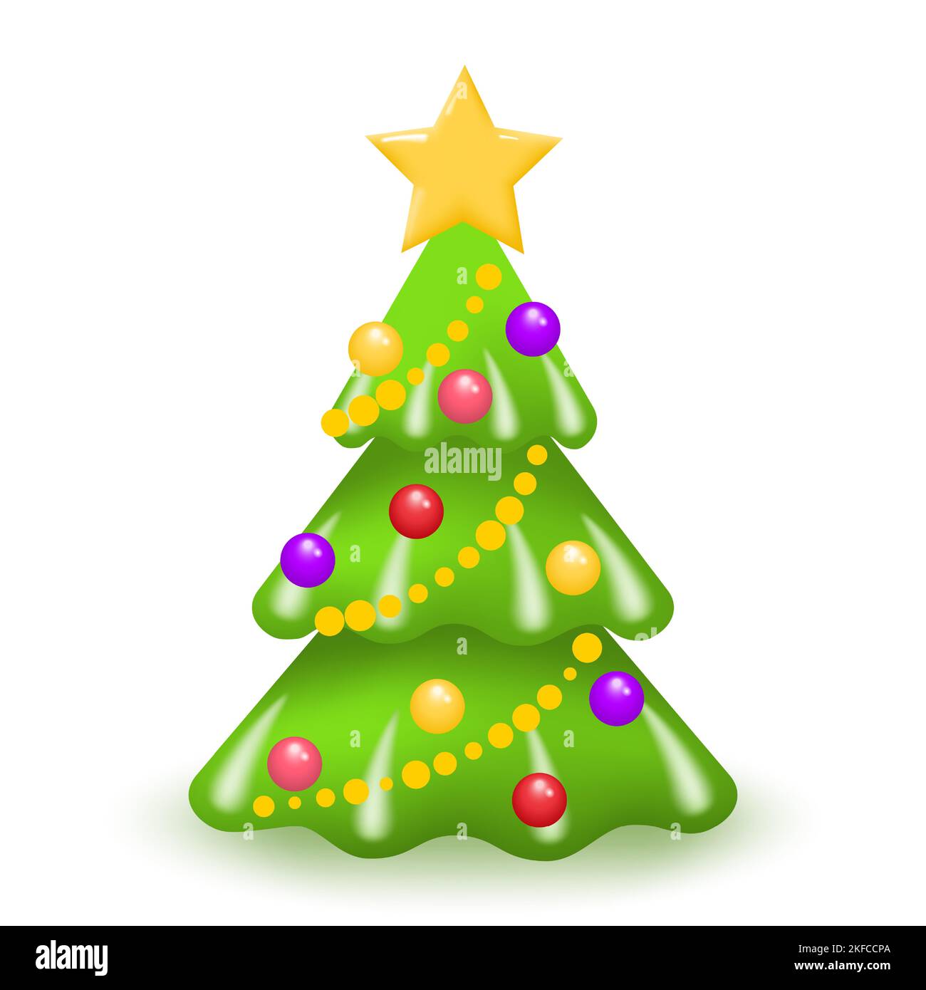 Albero decorato di Natale. Pino verde o abete con stella dorata, palle e ghirlanda isolata su sfondo bianco. Buon Natale e felice anno nuovo Illustrazione Vettoriale