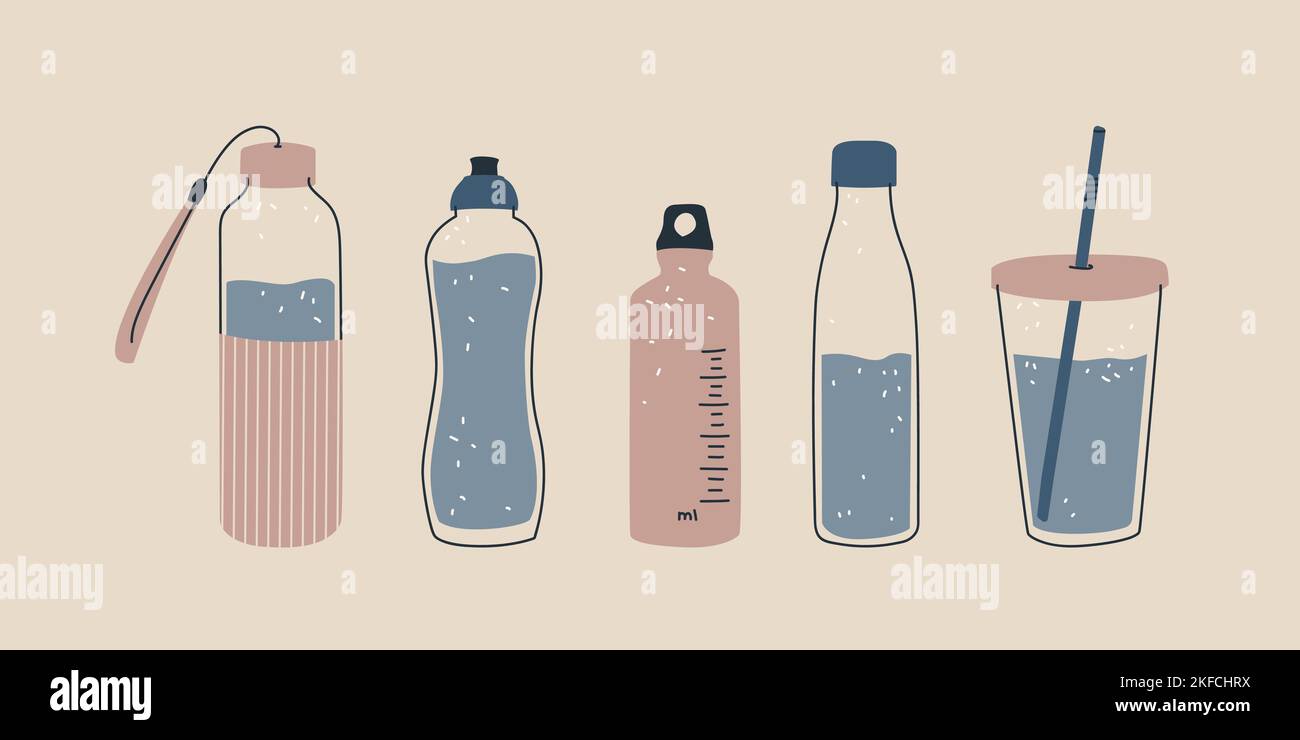 Set di bottiglie d'acqua riutilizzabili. Illustrazione con isolamento vettoriale per la progettazione Illustrazione Vettoriale