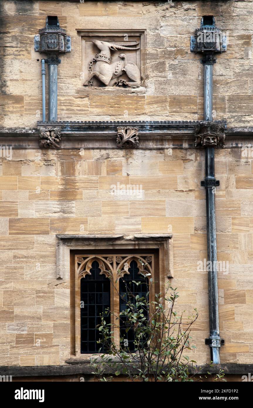 Cresta di un hart o di un pugnale su un muro al Magdalen College, Oxford University, Inghilterra Foto Stock