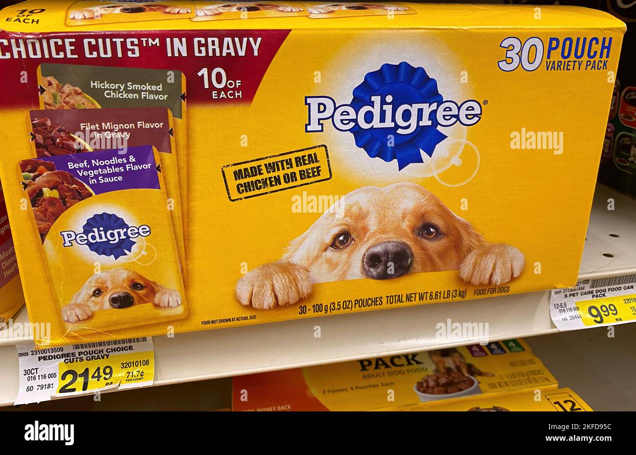 Un primo piano di cibo per cani in esposizione su uno scaffale di un negozio di alimentari Foto Stock