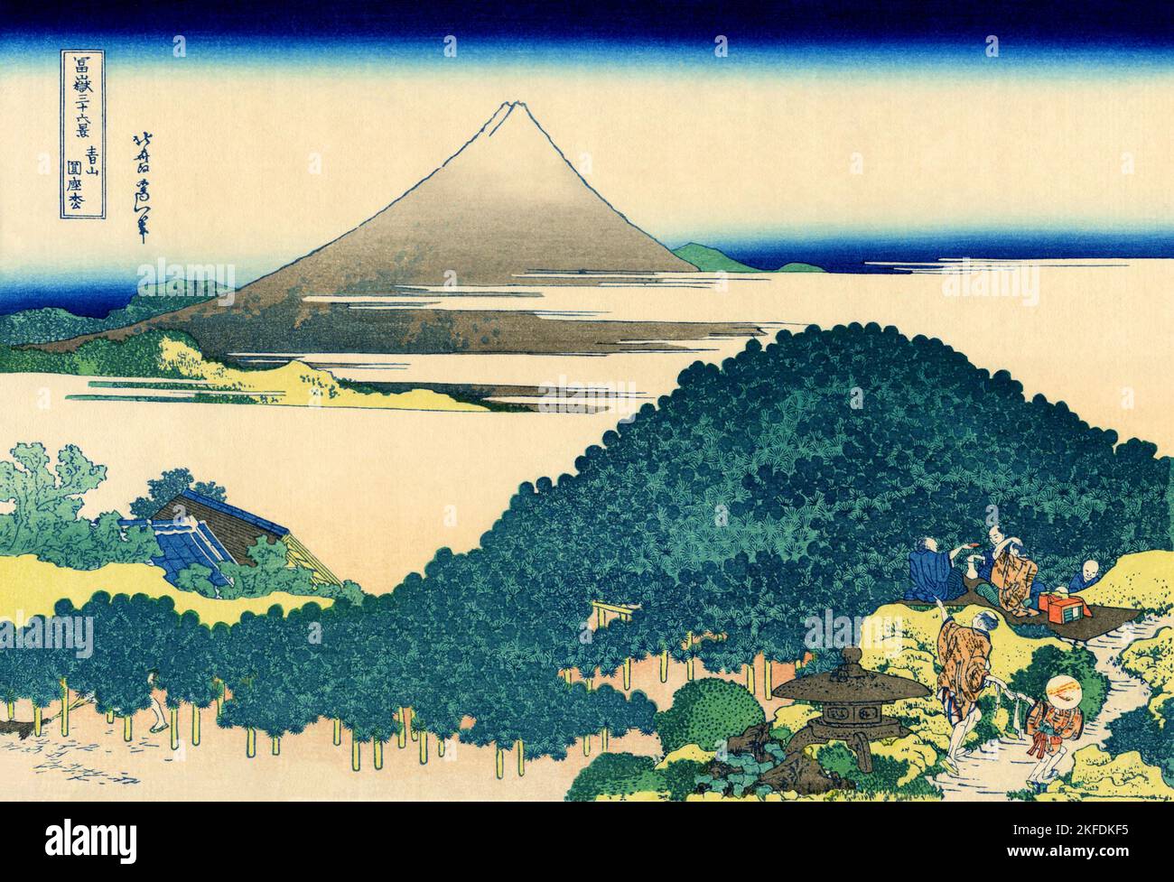 Giappone: «i pini circolari di Aoyama». Ukiyo-e stampa in blocco dalla serie 'trentasei viste del Monte Fuji' di Katsushika Hokusai (31 ottobre 1760 - 10 maggio 1849), c.. 1830. Monte Fuji è la montagna più alta del Giappone a 3,776.24 m (12,389 ft). Stratovulcano attivo che ha eruttato l'ultima volta nel 1707-08, il Monte Fuji si trova a circa 100 km a sud-ovest di Tokyo. Il cono eccezionalmente simmetrico del Monte Fuji è un simbolo e un'icona ben noti del Giappone ed è spesso raffigurato in arte e fotografie. E' una delle 'tre montagne Sacre' del Giappone insieme al Monte Tate e al Monte Haku. Foto Stock