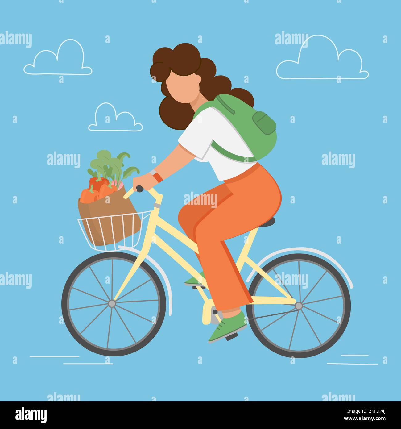 BIKE GARDEN Woman con Shopping Rides from the Store Vector Illustration in Flat Style for Print Illustrazione Vettoriale