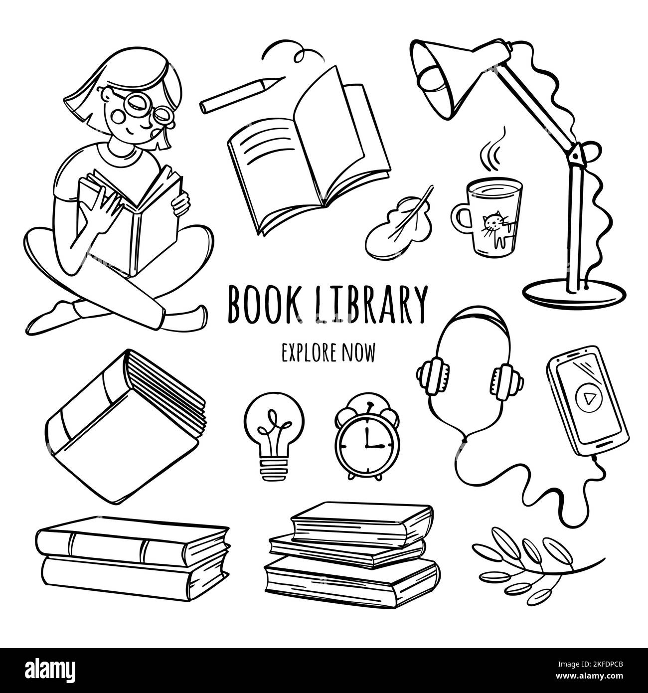 LIBRERIA DEL LIBRO Bookstore concetto in linea Home Istruzione Collezione disegnata a mano vettoriale vari materiali scolastici per l'apprendimento degli studenti su Internet Doo Illustrazione Vettoriale