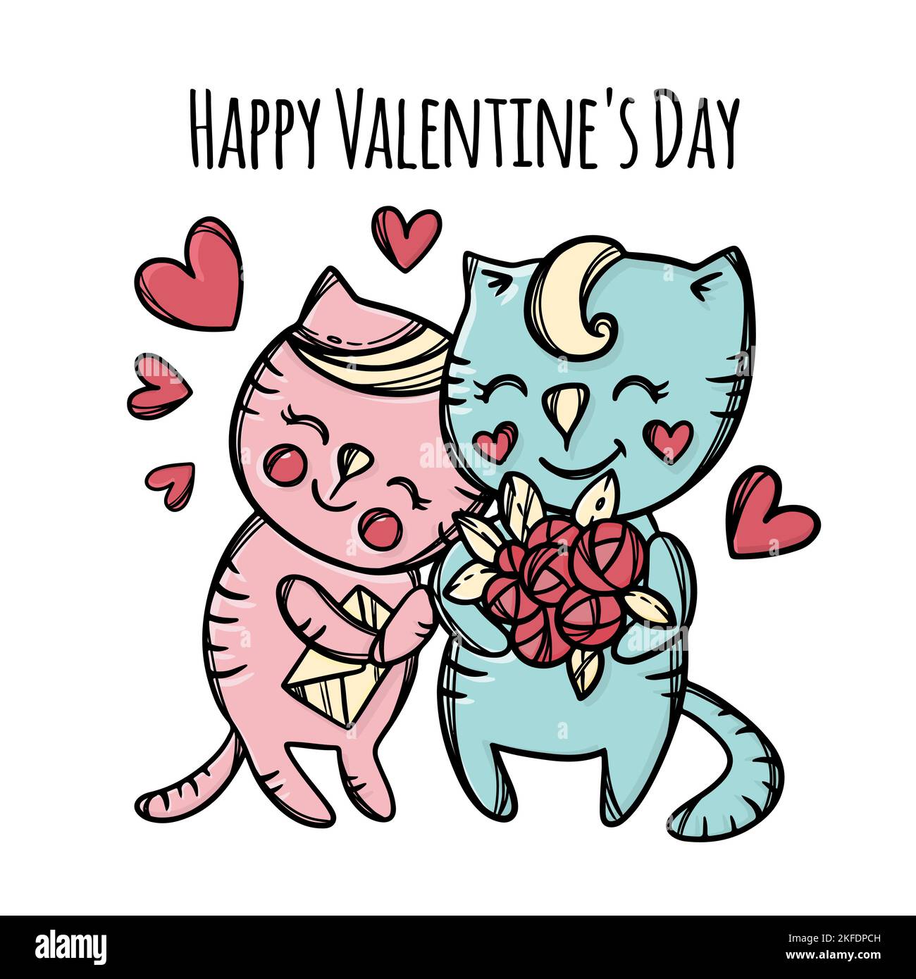 BOUQUET PER CAT dà ad amato Kitty che Cuddles Lovely Cat Boy giorno degli amanti San Valentino Cartoon animali disegnati a mano clip Art Vector Illustration per Illustrazione Vettoriale