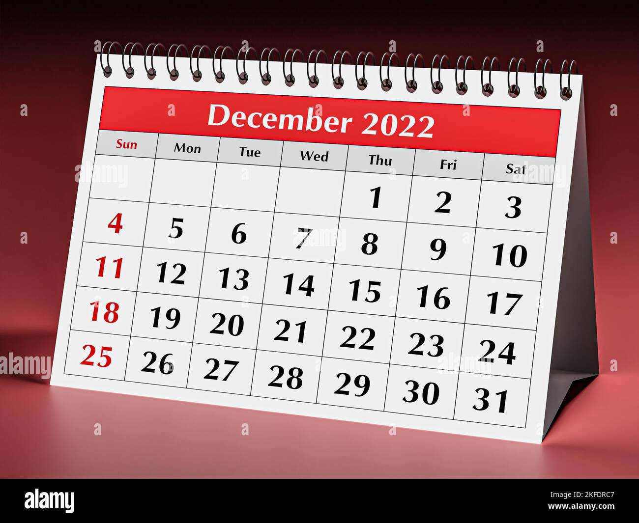 Una pagina del calendario mensile annuale della scrivania. Data - mese Dicembre 2022. rendering 3d Foto Stock