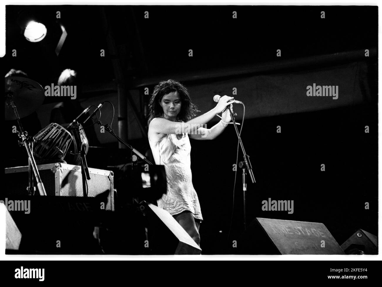 Björk, TITOLO DEL PALCO NME, GLASTONBURY 94: Björk (Bjork) al Glastonbury Festival il 25 1994 giugno come headliner sul NME Stage, Pilton Farm, Inghilterra. Fotografia: Rob Watkins. INFO: Björk è una cantante, cantautrice e attrice islandese nota per la sua musica eclettica e innovativa. Emergendo come cantante principale dei Sugarcubes, ha raggiunto la fama mondiale con la sua carriera solista, producendo album acclamati come "debutto", "Homogenic" e "Vespertine". Foto Stock