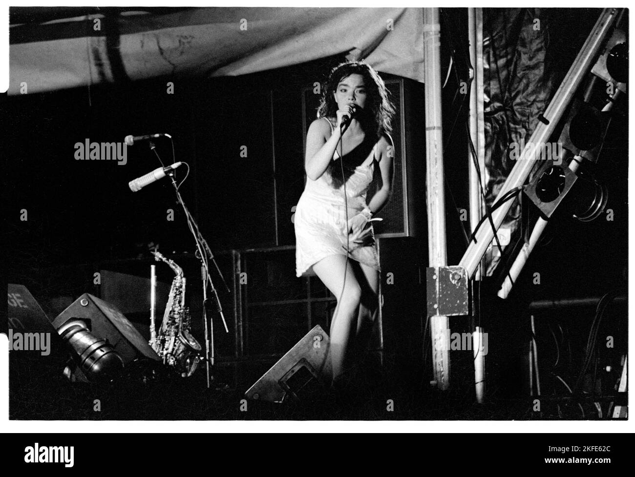 Björk, TITOLO DEL PALCO NME, GLASTONBURY 94: Björk (Bjork) al Glastonbury Festival il 25 1994 giugno come headliner sul NME Stage, Pilton Farm, Inghilterra. Fotografia: Rob Watkins. INFO: Björk è una cantante, cantautrice e attrice islandese nota per la sua musica eclettica e innovativa. Emergendo come cantante principale dei Sugarcubes, ha raggiunto la fama mondiale con la sua carriera solista, producendo album acclamati come "debutto", "Homogenic" e "Vespertine". Foto Stock