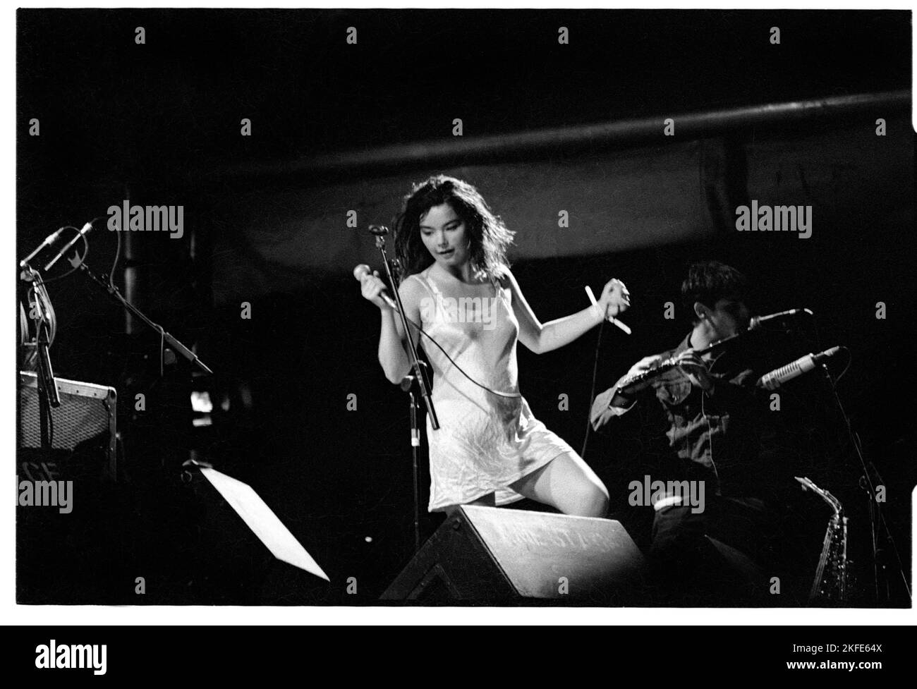 Björk, TITOLO DEL PALCO NME, GLASTONBURY 94: Björk (Bjork) al Glastonbury Festival il 25 1994 giugno come headliner sul NME Stage, Pilton Farm, Inghilterra. Fotografia: Rob Watkins. INFO: Björk è una cantante, cantautrice e attrice islandese nota per la sua musica eclettica e innovativa. Emergendo come cantante principale dei Sugarcubes, ha raggiunto la fama mondiale con la sua carriera solista, producendo album acclamati come "debutto", "Homogenic" e "Vespertine". Foto Stock