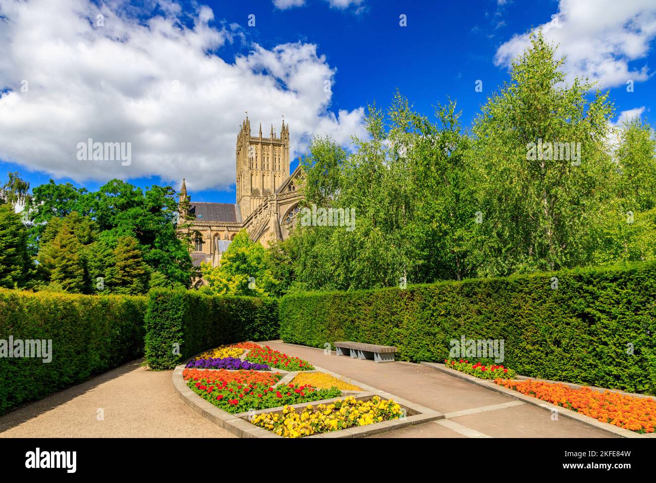 Un colorato confine erbaceo nel Vescovo Pietro giardino in un angolo del palazzo del vescovo motivi in pozzetti, Somerset, Inghilterra, Regno Unito Foto Stock