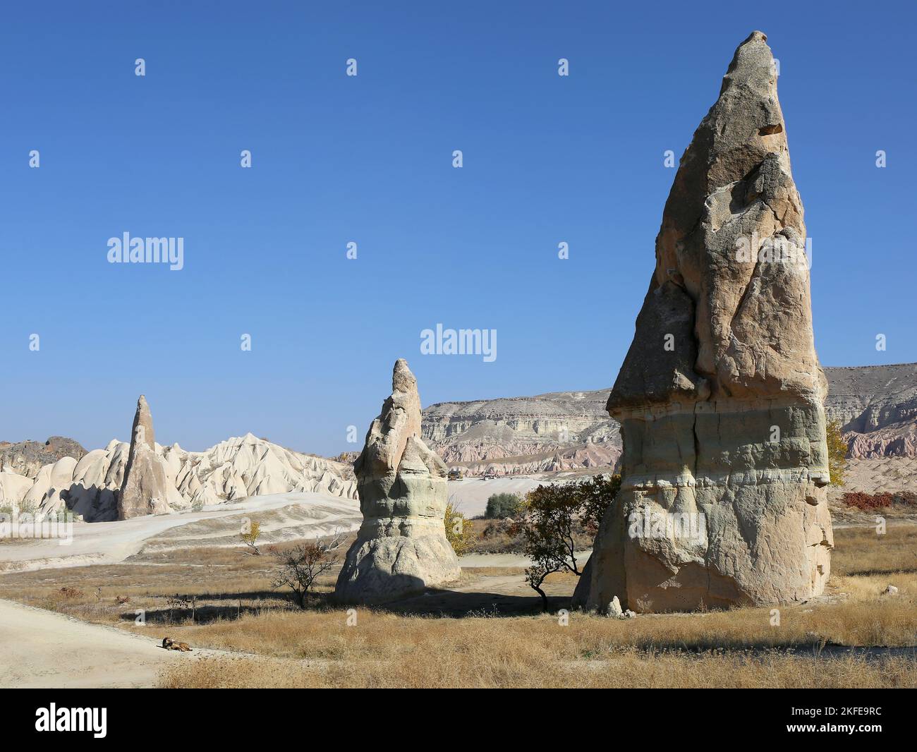 Camini delle fate con il bel cielo blu in Cappadocia, Turchia Foto Stock