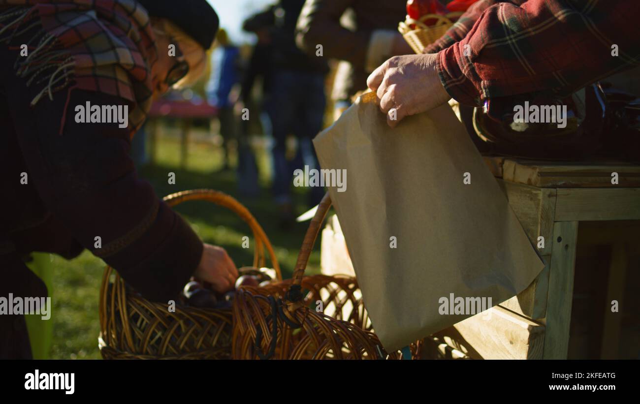 Contadino anziano e felice che vende frutta e verdura alla stalla, parlando e sorridendo. Mercato agricolo locale o fiera autunnale all'aperto. Cibo vegetariano e biologico. Agricoltura. Sistema punto vendita. Foto Stock