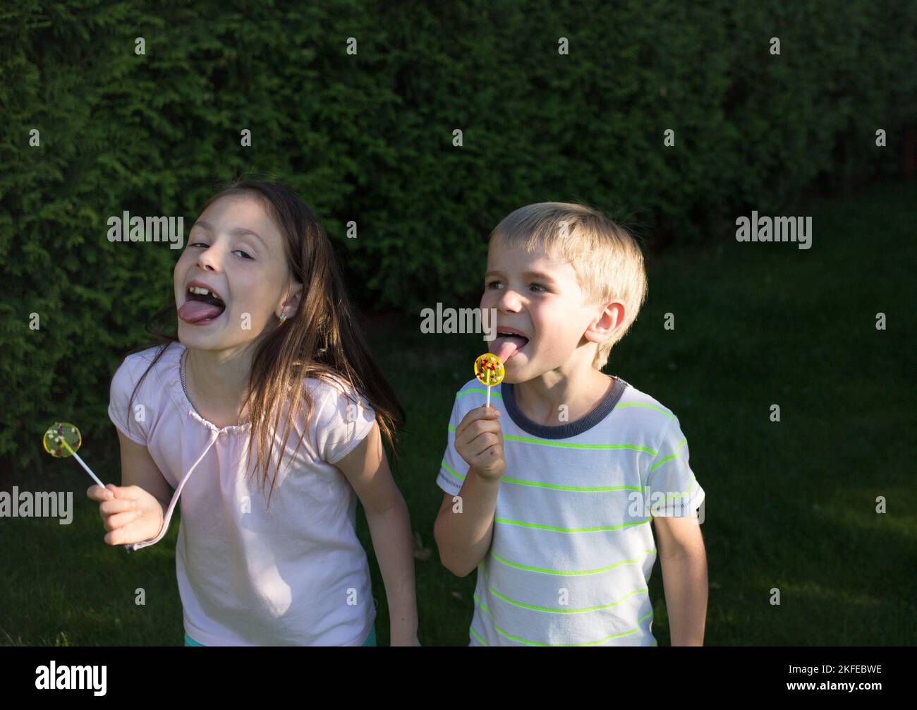 allegro ragazzo e ragazza di 6-7 anni con dolci caramelle su un bastone divertirsi in giardino. Amicizia, dolce infanzia, dolci, umore estivo Foto Stock