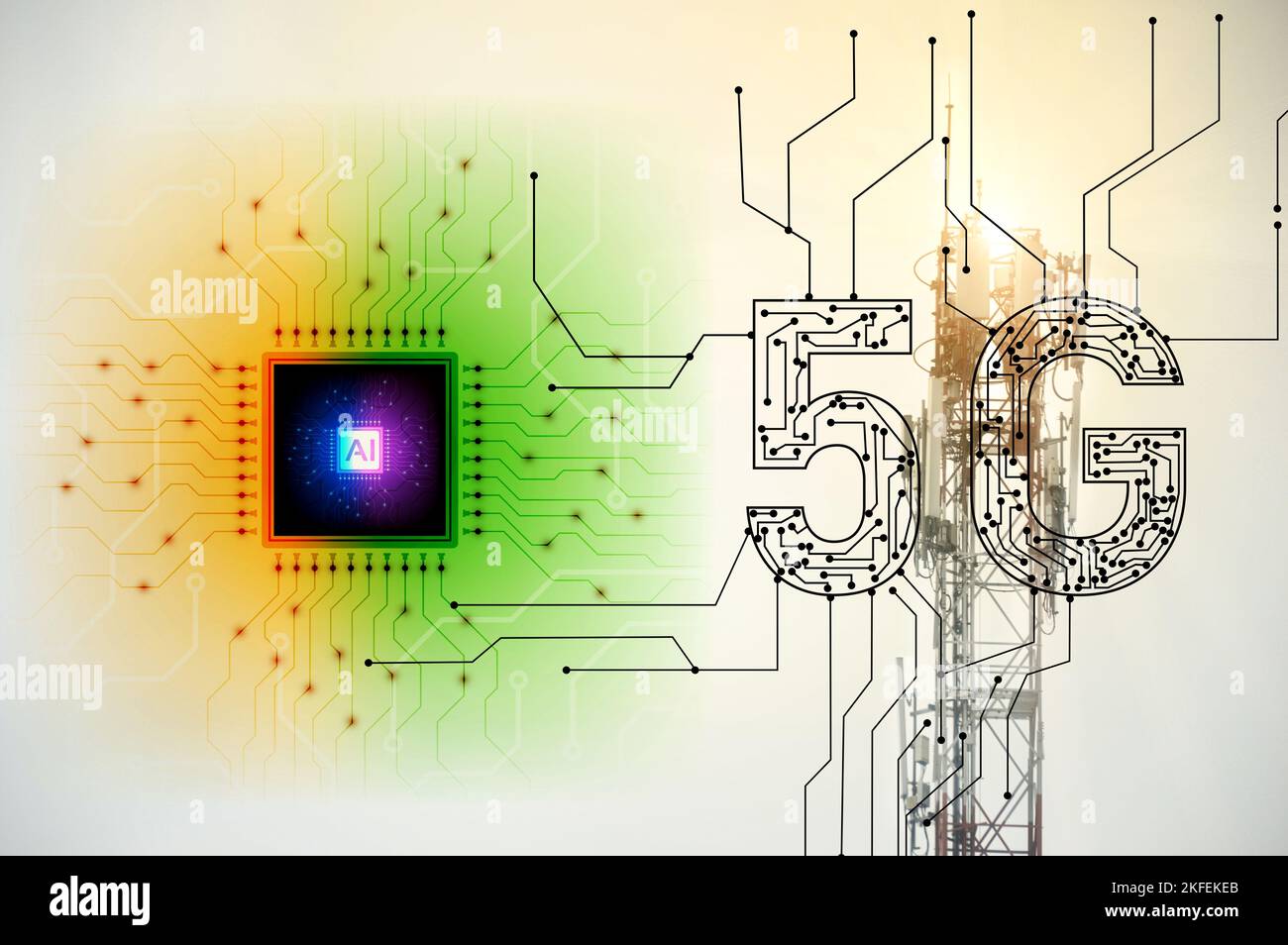 Concetto di tecnologia 5G controllato dalla saggezza (ai) Foto Stock