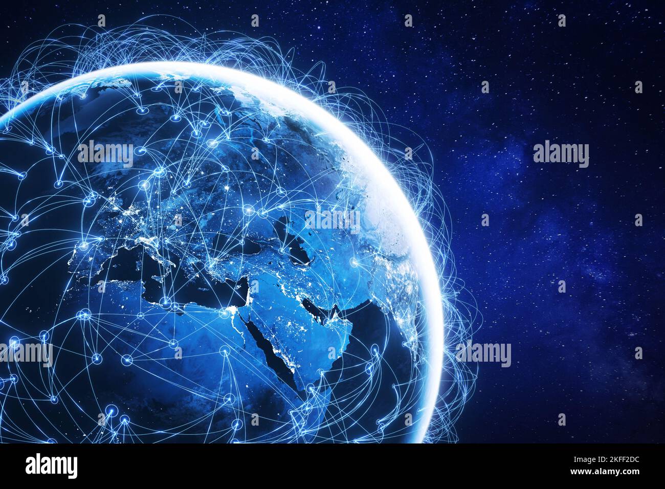 Tecnologia Internet con rete di comunicazione globale connessa in tutto il mondo per IoT, telecomunicazioni, trasferimento dati, connessione internazionale l Foto Stock