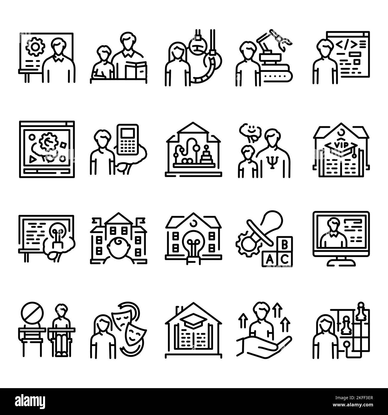 Set di icone della linea di apprendimento per bambini. Firma per pagina Web, app mobile, pulsante. Tratto modificabile. Illustrazione Vettoriale