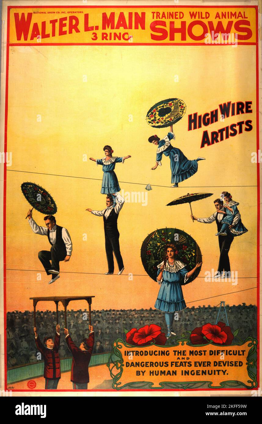 Main 3 anello addestrato animali selvatici mostra poster circo, c1890 - 1904. [Editore: Riverside Print; luogo: Milwaukee] Foto Stock