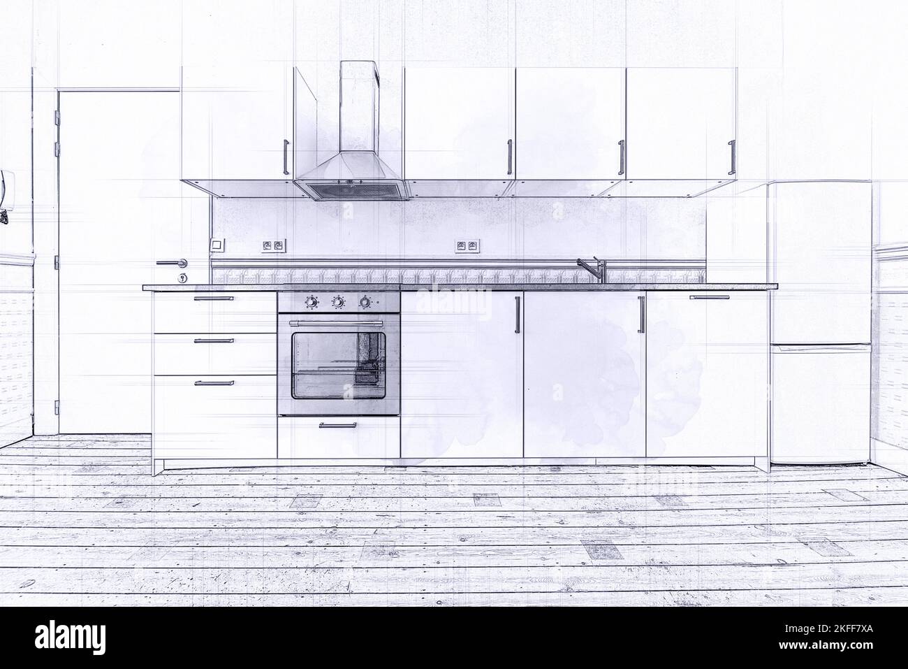 Illustrazione di un appartamento vuoto con cucina moderna e pavimento in legno Foto Stock