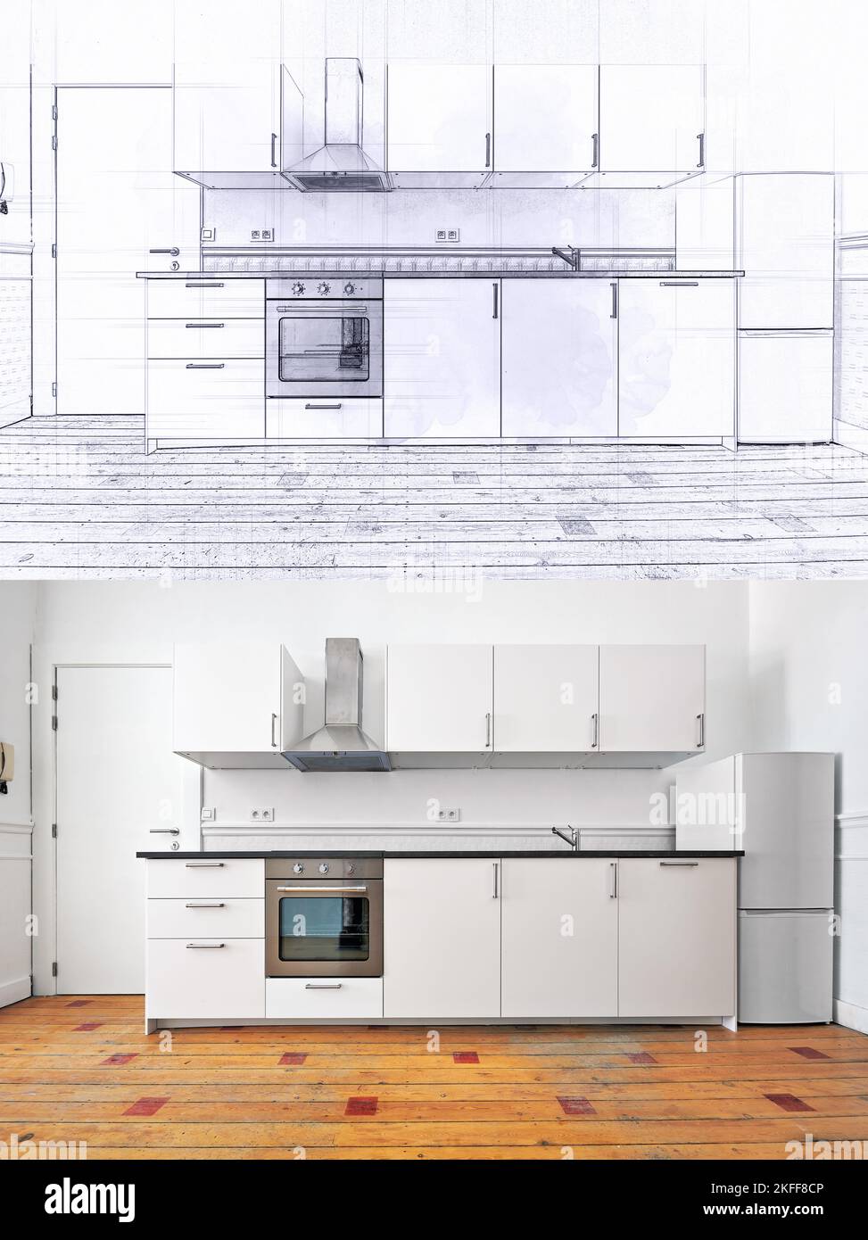Disegno illustrativo e realizzazione di un appartamento vuoto con cucina moderna e pavimento in legno Foto Stock