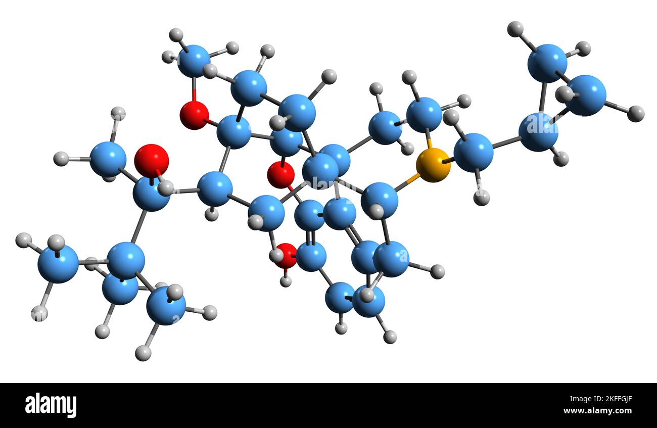 3D immagine della formula scheletrica della buprenorfina - struttura chimica molecolare dell'oppioide isolato su sfondo bianco Foto Stock