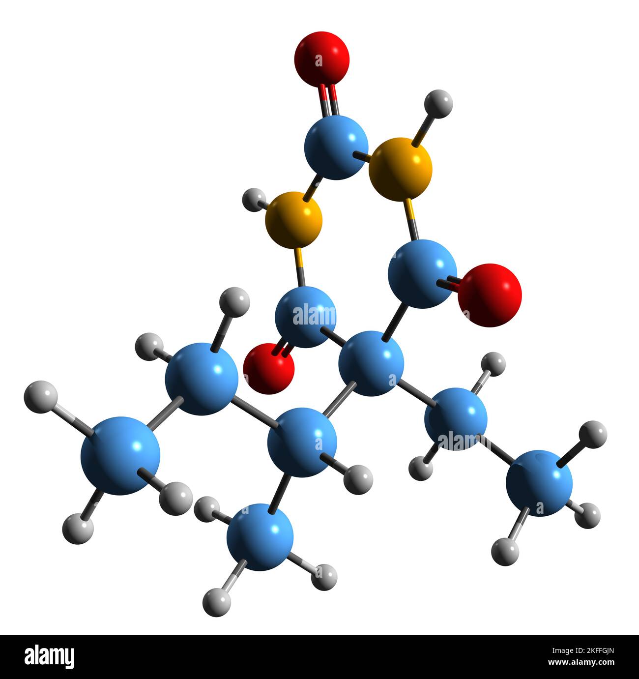 3D immagine di Butabarbital formula scheletrica - struttura chimica molecolare di barbiturato sonno sussidio e ansia farmaco isolato su sfondo bianco Foto Stock