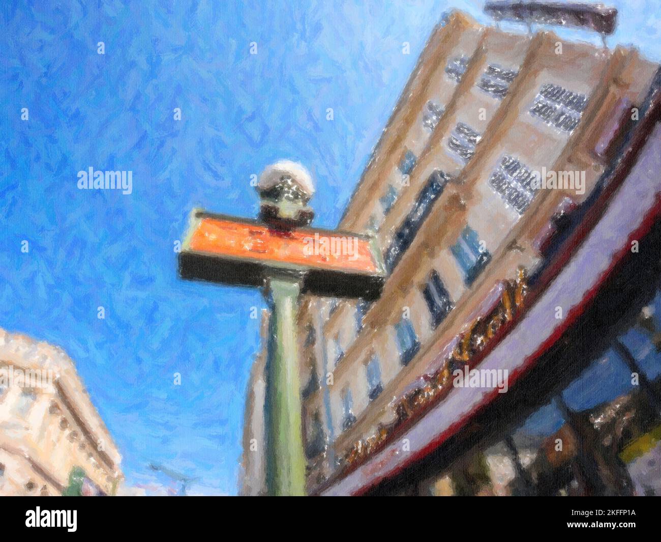 Pittura astratta disegnata a mano su tela con texture colore di Ultra grandangolo vista dell'edificio francese Haussmannian su Rue du Faubourg Saint Denis e la metropolitana con segnaletica vintage Foto Stock