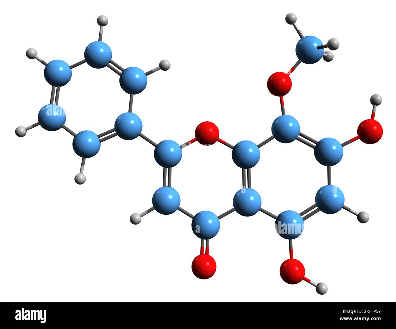 3D immagine della formula scheletrica di Wogonin - struttura chimica molecolare del flavone o-metilato isolato su sfondo bianco Foto Stock