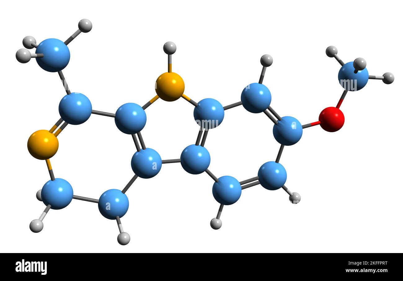 3D immagine della formula scheletrica di Harmaline - struttura chimica molecolare dell'alcaloide dell'indolo fluorescente isolato su sfondo bianco Foto Stock