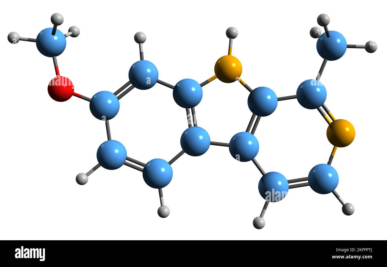 3D immagine della formula scheletrica di Harmine - struttura chimica molecolare della beta-carbolina isolata su sfondo bianco Foto Stock